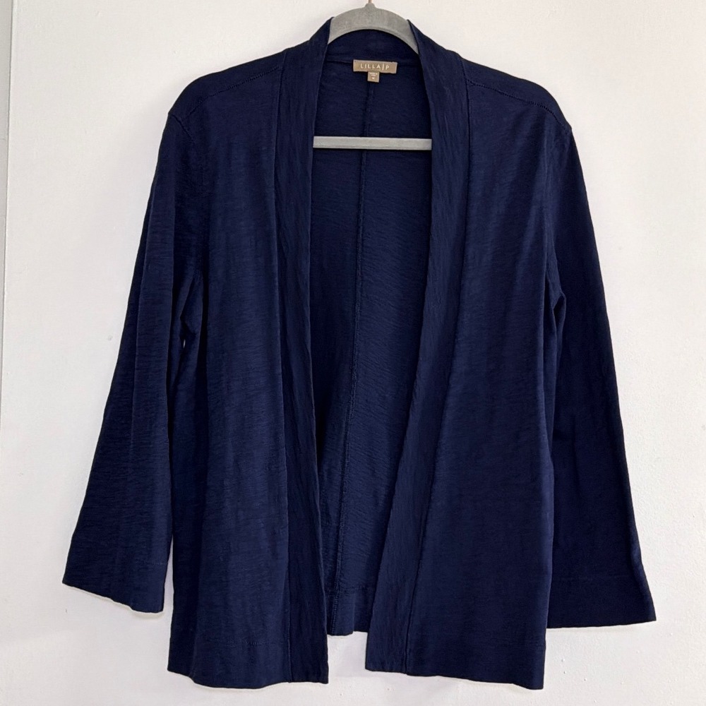 Lilla P Navy Blue Slub Cotton Open Front 3/4 Sleeve Cardigan Women Medium